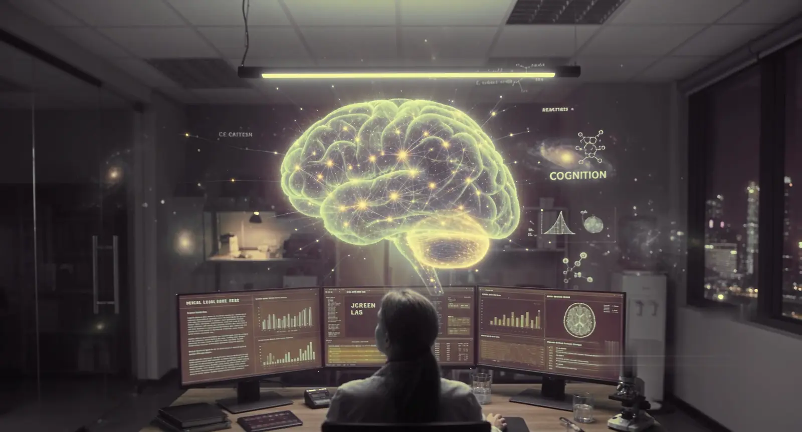 Una estudiante frente a tres monitores; sobre ellos flota un cerebro dibujado en líneas de luz.